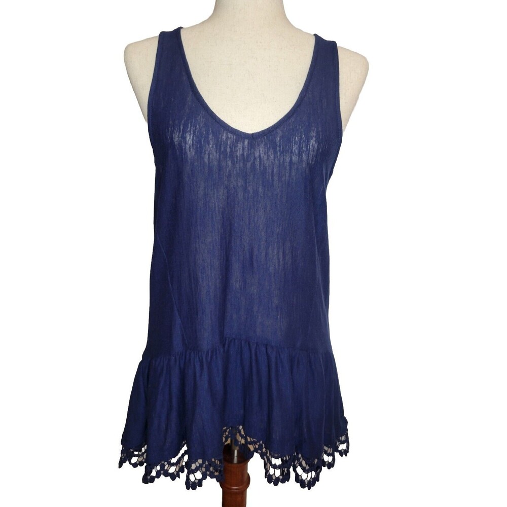 Wallflower Peplum Hi Lo V Neck‎ Tank Semi Sheer Crochet Trim Navy Large